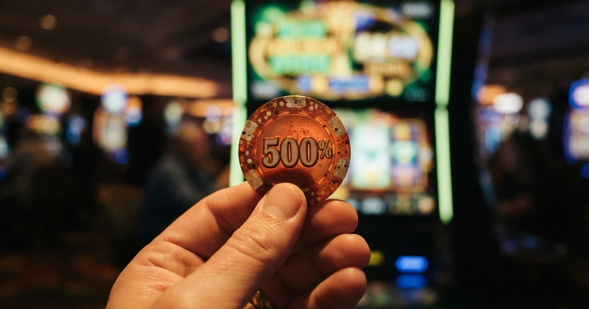Une main qui tend un jeton de casino surmonté du chiffre 500 %, avec en arrière-plan flou une interface de machine à sous en ligne