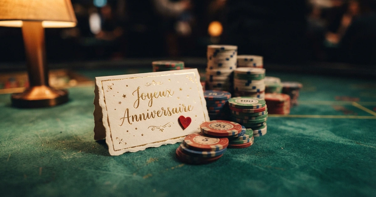 Comparaison de jetons de casino brillants alignés sur un fond de tapis vert, avec une carte « joyeux anniversaire » posée devant
