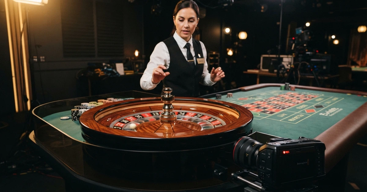 Un croupier en tenue professionnelle face à une table de roulette dans un studio de casino live, caméra de streaming visible au premier plan