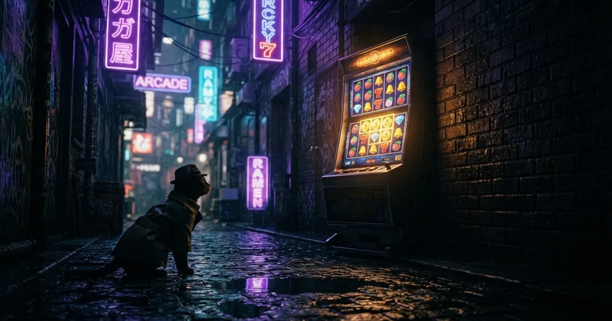 Interface de la machine à sous Le Bandit de Hacksaw Gaming, ruelle nocturne éclairée au néon avec le personnage Smokey Le Bandit