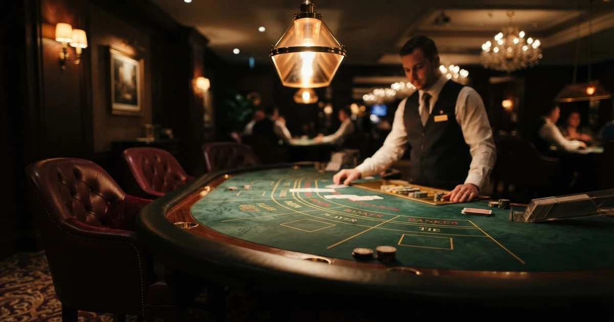 Un salon de casino feutré avec une table de jeu éclairée, fauteuils en velours et un croupier en arrière-plan