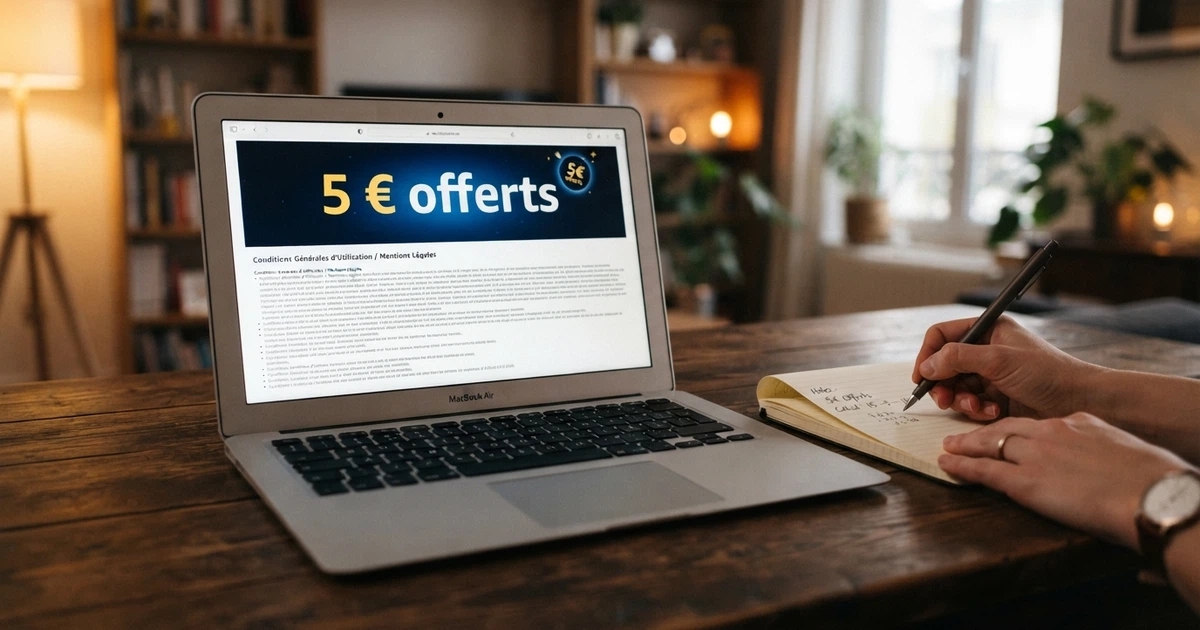 Un écran affichant une offre de bonus sans dépôt encaissable avec ses conditions de mise en petits caractères, une calculatrice à côté