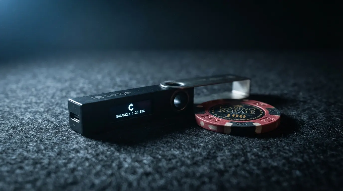 Un portefeuille de cryptomonnaies physique (hardware wallet) posé à côté d'un jeton de casino frappé du symbole Bitcoin, le tout sur un fond sombre