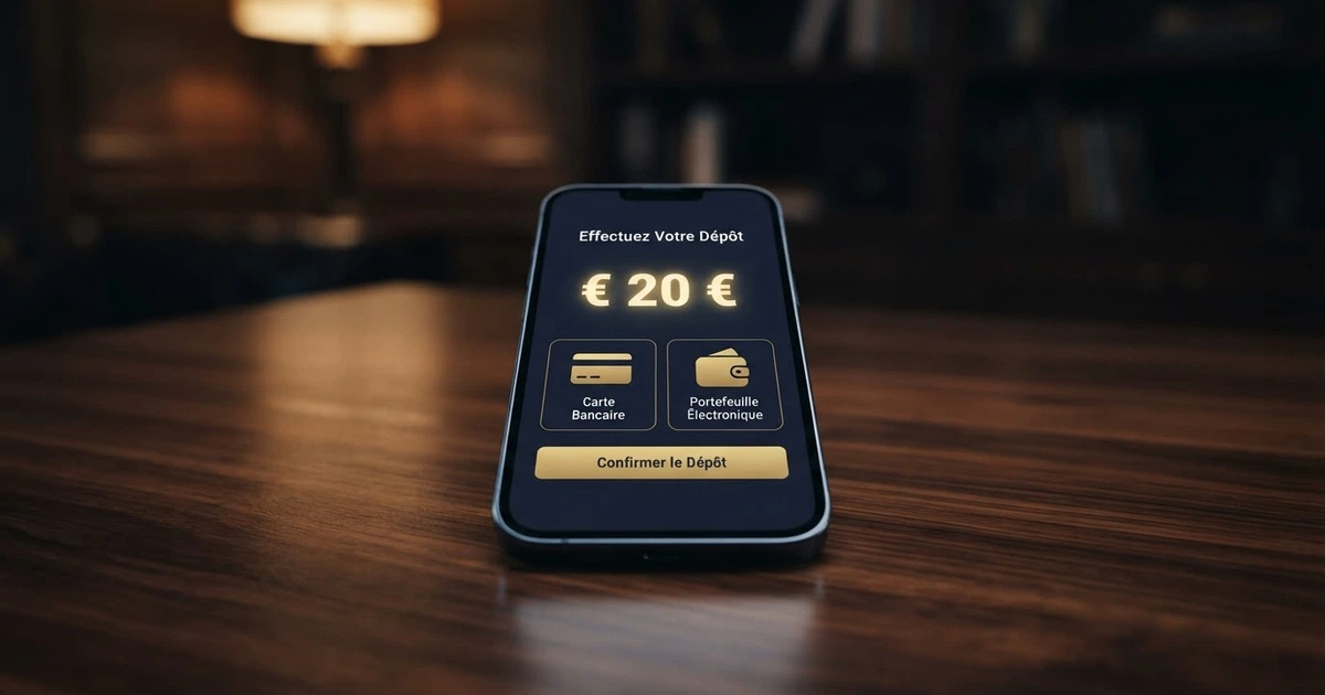 Interface d'un casino en ligne affichant le montant minimum de dépôt de 20 euros à côté des options de paiement