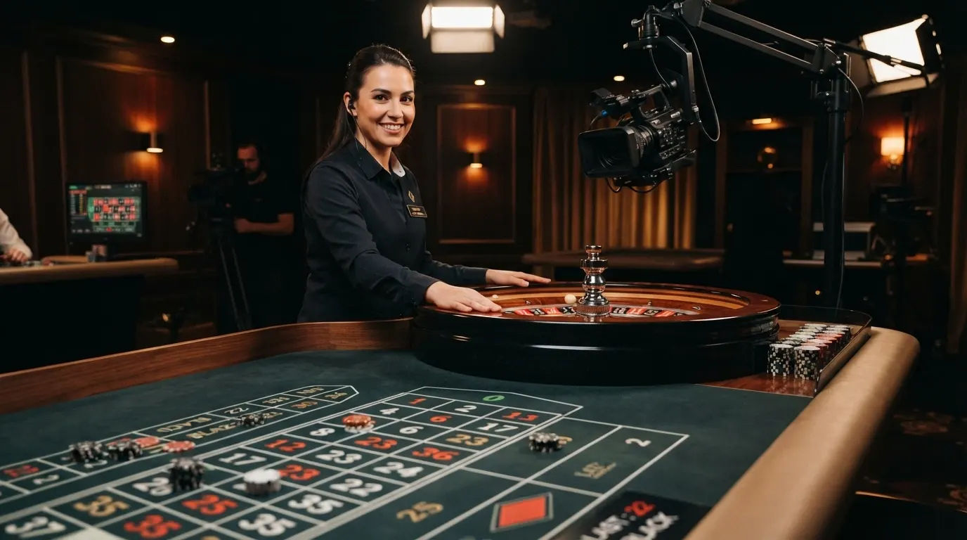 Table de roulette en direct avec croupier dans le studio Pragmatic Live, éclairage tamisé et interface de jeu visible