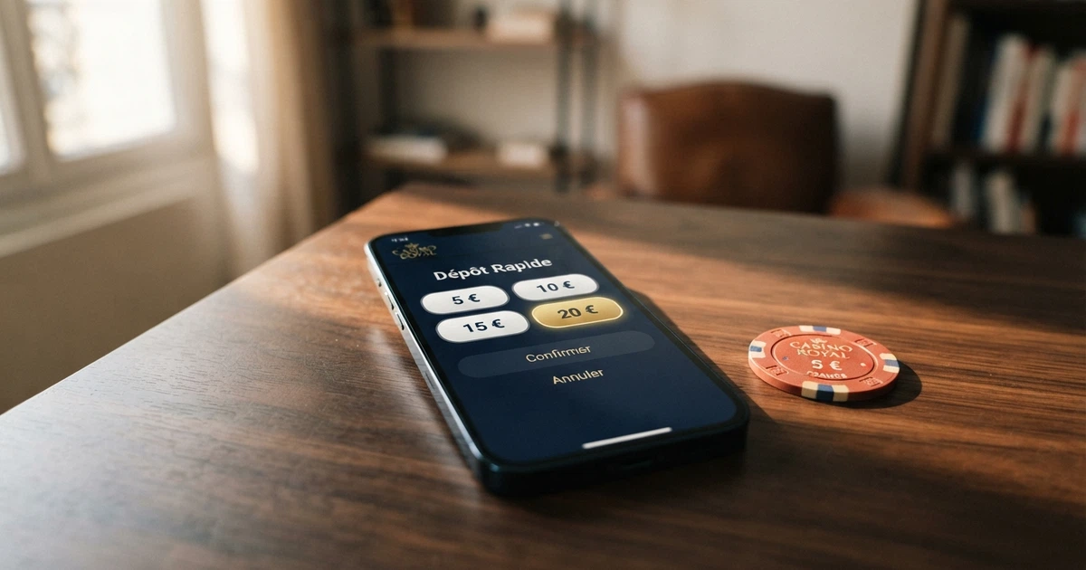 Interface de dépôt par carte bancaire sur un site de jeu en ligne, avec les montants 5, 10, 15 et 20 € affichés à l'écran