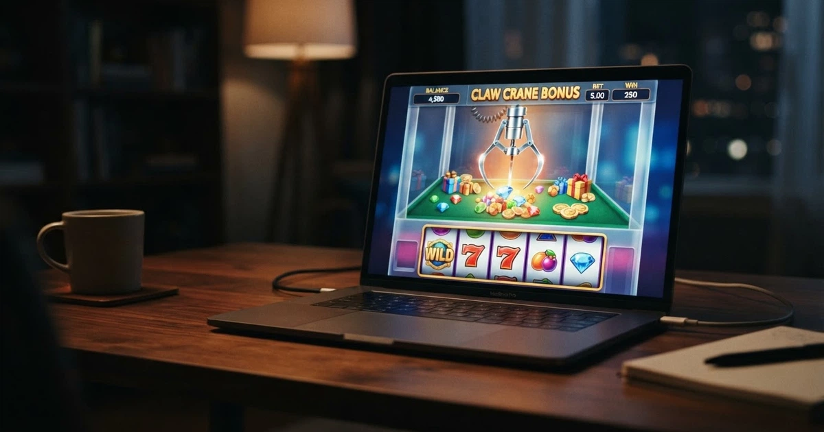 Machine à sous en ligne affichant l'écran de déclenchement du mini-jeu bonus crab avec une pince mécanique au-dessus des rouleaux