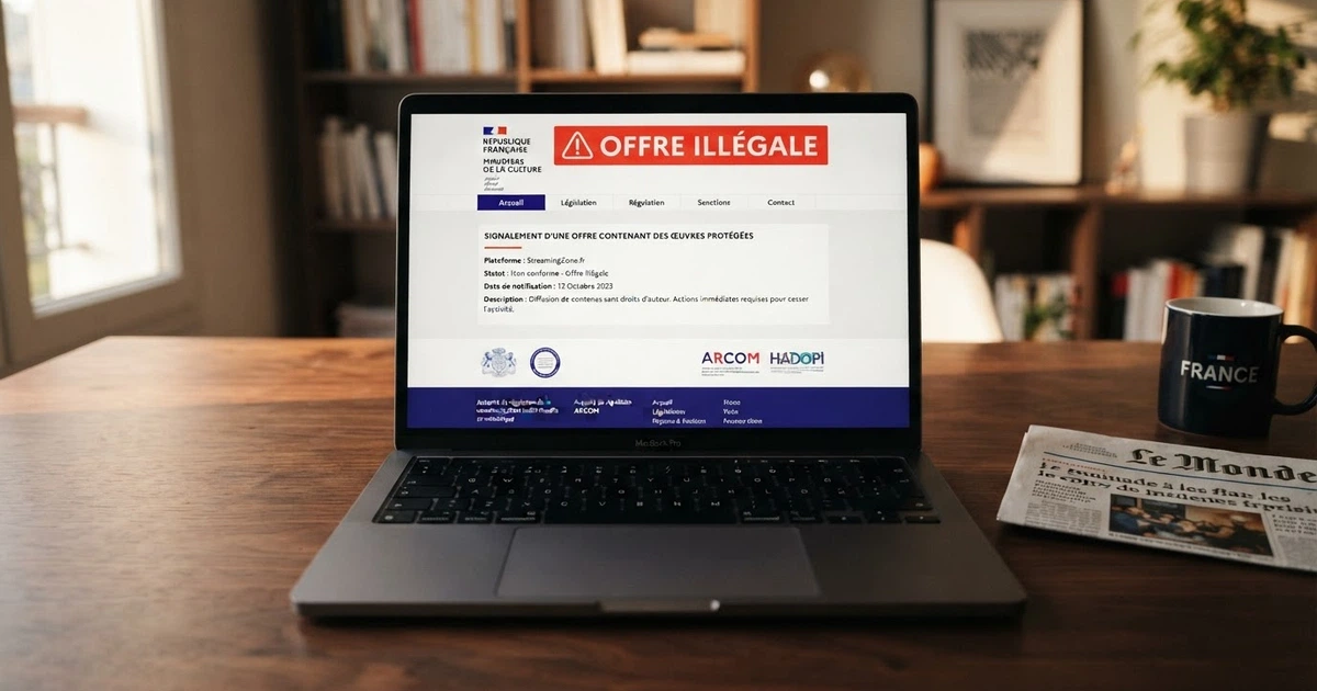 Un écran affichant le site officiel de l'ANJ avec la mention « offre illégale » en surimpression