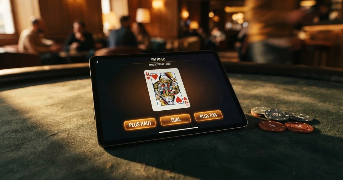 Interface d'un jeu de Hi-Lo en ligne montrant une carte distribuée et les boutons de pari Plus Haut, Plus Bas et Égal