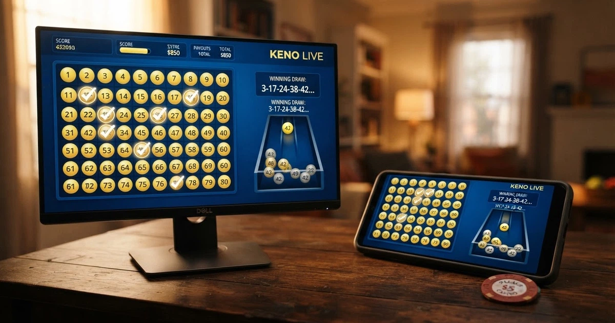 Une grille de keno affichée sur un écran d'ordinateur et un smartphone côte à côte, avec des numéros cochés et un tirage en cours.