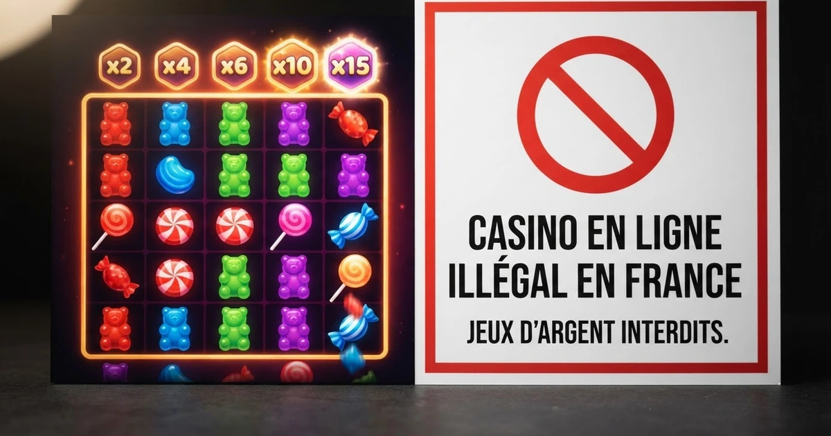 Un écran partagé : à gauche, l'interface colorée de la machine à sous Sweet Bonanza avec ses bonbons sur la grille 6×5 ; à droite, un panneau d'interdiction portant la mention « casino en ligne illégal en France ».