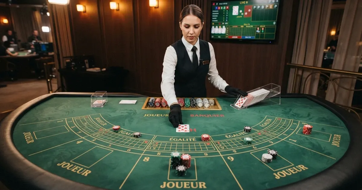 Une table de baccarat filmée en plan large, avec un croupier en tenue de casino qui distribue les cartes, des jetons empilés sur le tapis vert et l'interface de mise visible à l'écran