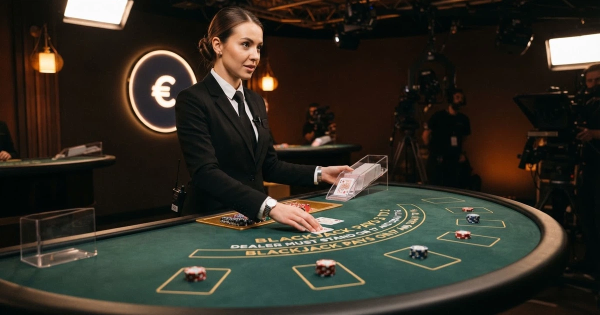 Une table de blackjack en direct filmée en plan large, un croupier en tenue de casino tient un sabot de cartes devant un tapis vert illuminé, l'écran affiche l'interface de mise.