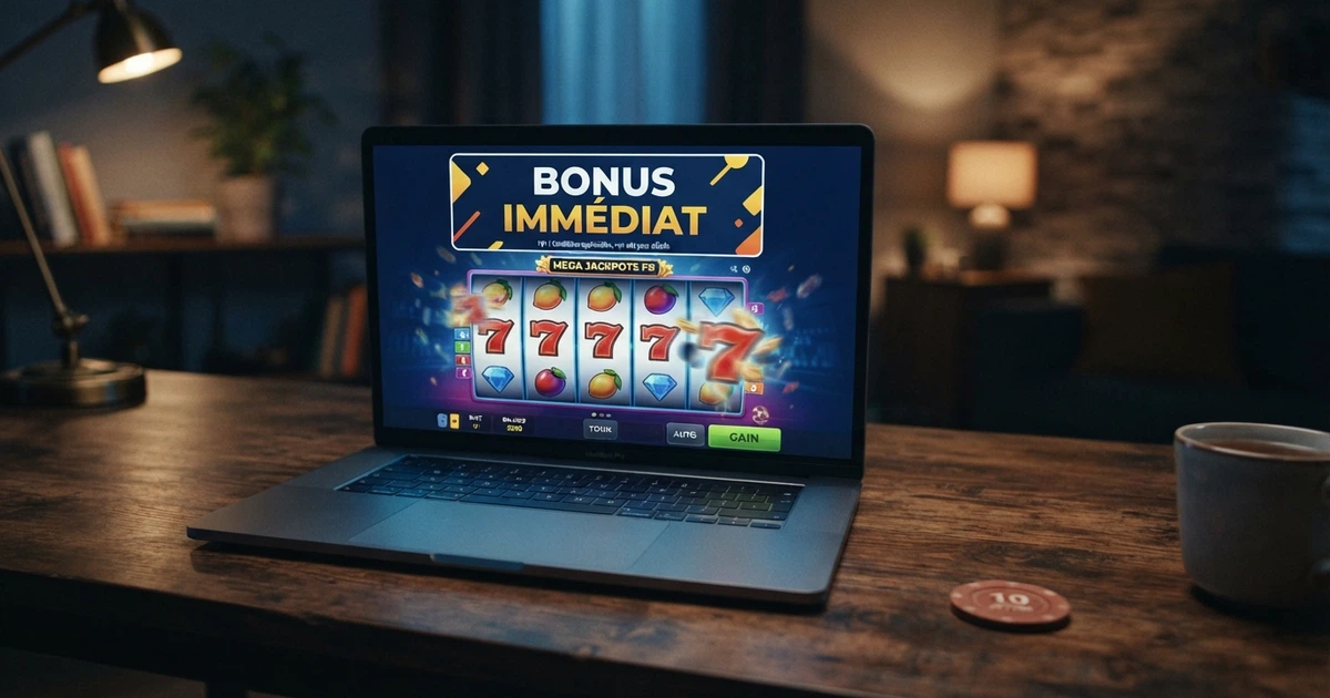 Une interface de casino en ligne affichant la promesse d'un bonus sans dépôt immédiat, avec des petits caractères superposés évoquant les conditions de mise