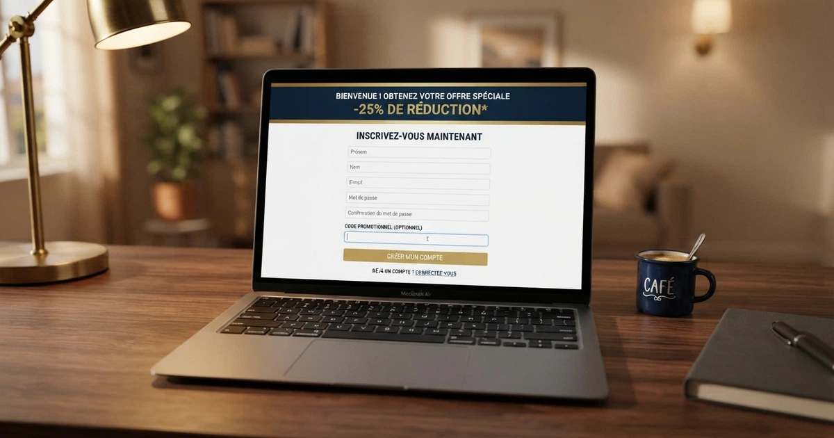 Un écran d'ordinateur affichant la page d'inscription d'un casino en ligne avec un champ « code promo » vide et une offre de bienvenue en bannière