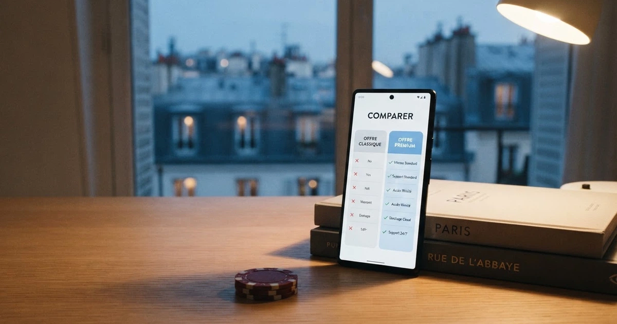 Un écran partagé entre les logos de casinos en ligne et la façade du siège de l'ANJ à Paris, avec un joueur consultant un comparatif sur son téléphone