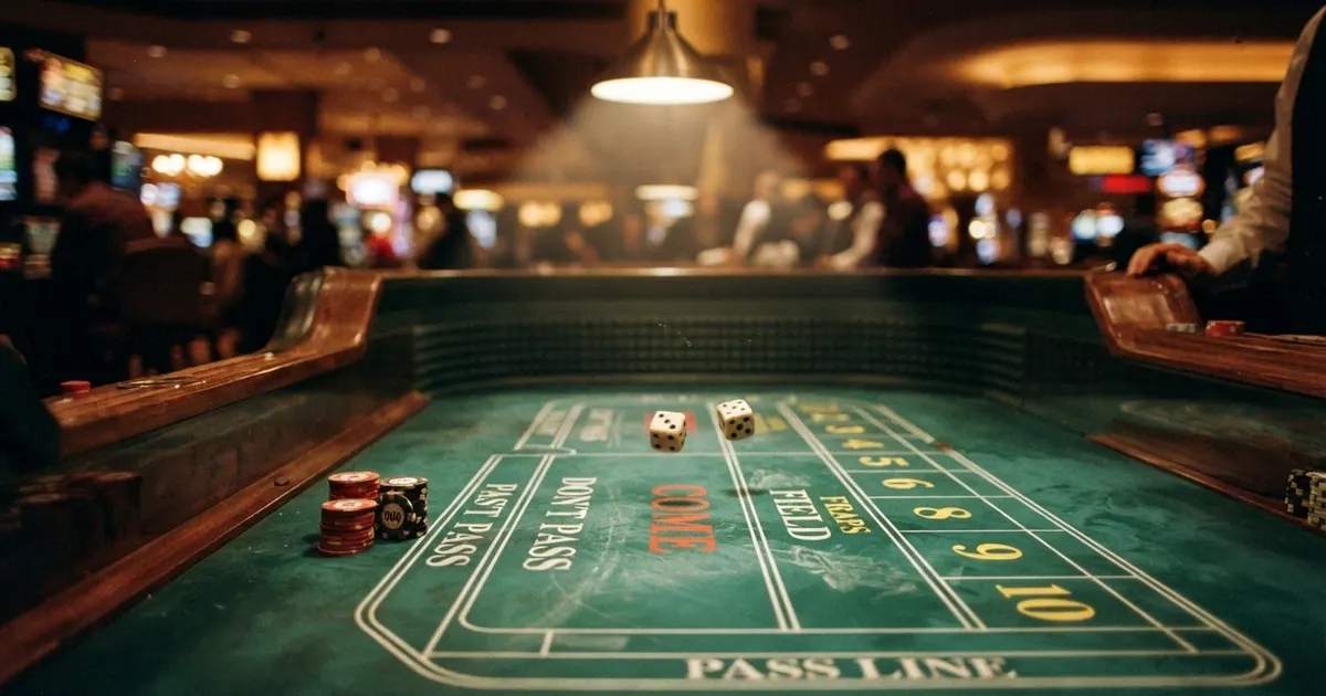 Interface de craps en ligne avec table de jeu, dés virtuels et zones de mise colorées