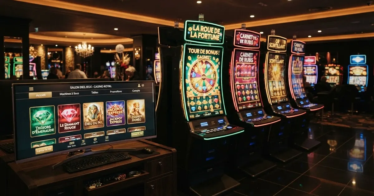 Logo de Hacksaw Gaming sur fond de machines à sous aux couleurs vives, avec une interface de casino en ligne en arrière-plan