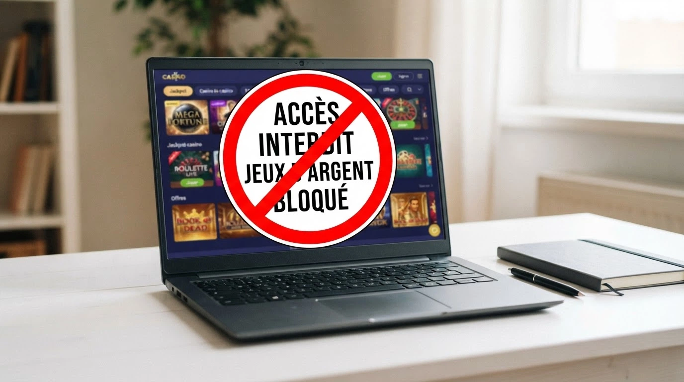 Un ordinateur portable affichant un site de casino en ligne, barré d'un panneau d'interdiction