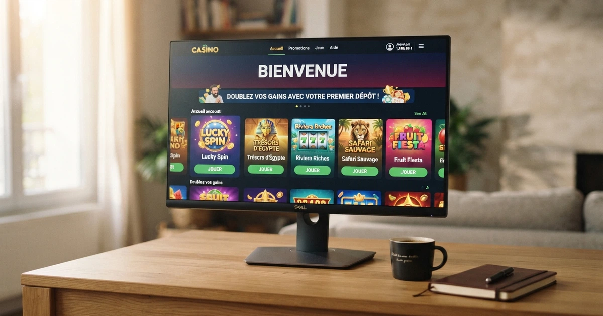 Une interface de casino en ligne affichant une grille de machines à sous colorées, avec un bandeau de bienvenue en français, sur un écran d'ordinateur posé sur un bureau sobre.