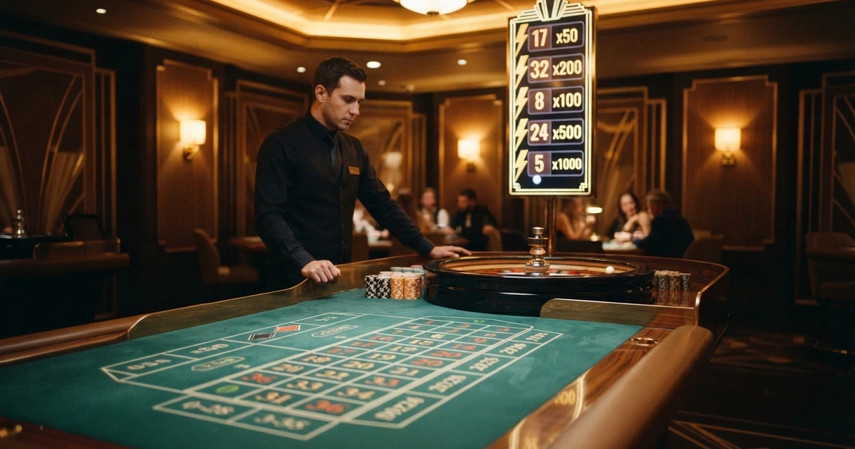 Table de Lightning Roulette en live avec croupier, roulette européenne et multiplicateurs affichés à l'écran