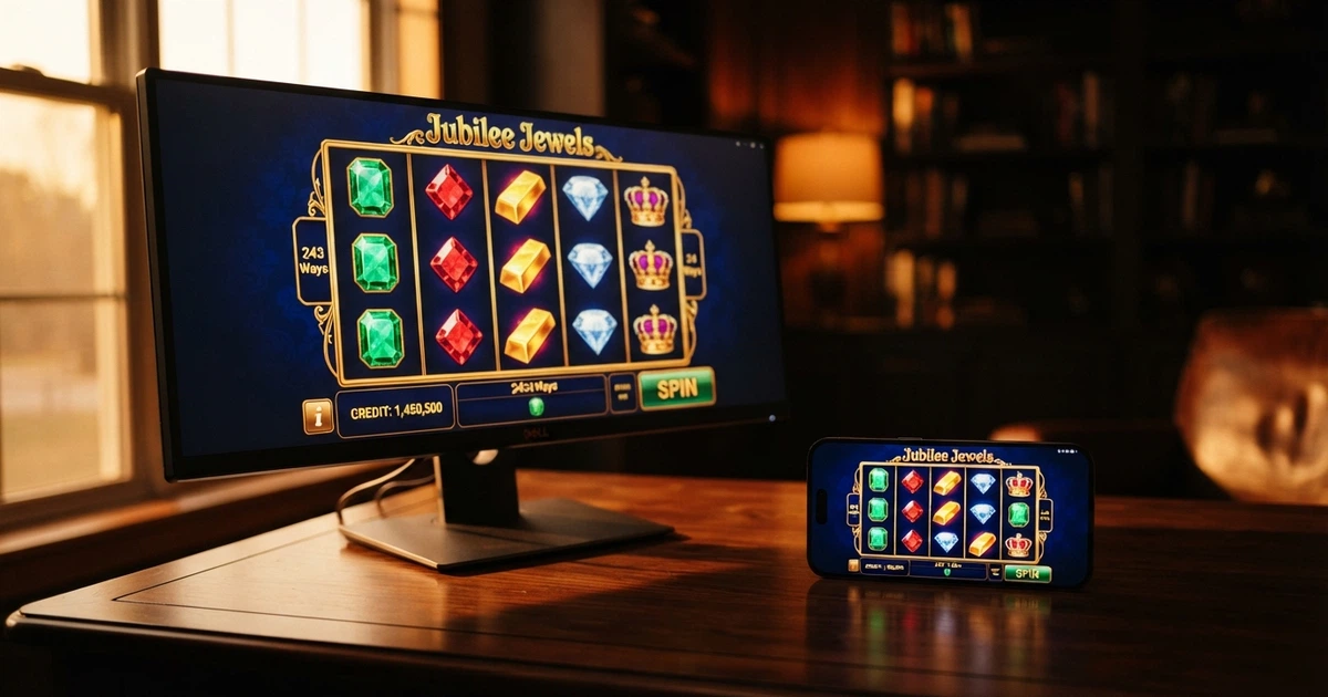 Interface d'un casino en ligne affichant une sélection de machines à sous Microgaming, écran d'ordinateur et mobile côte à côte