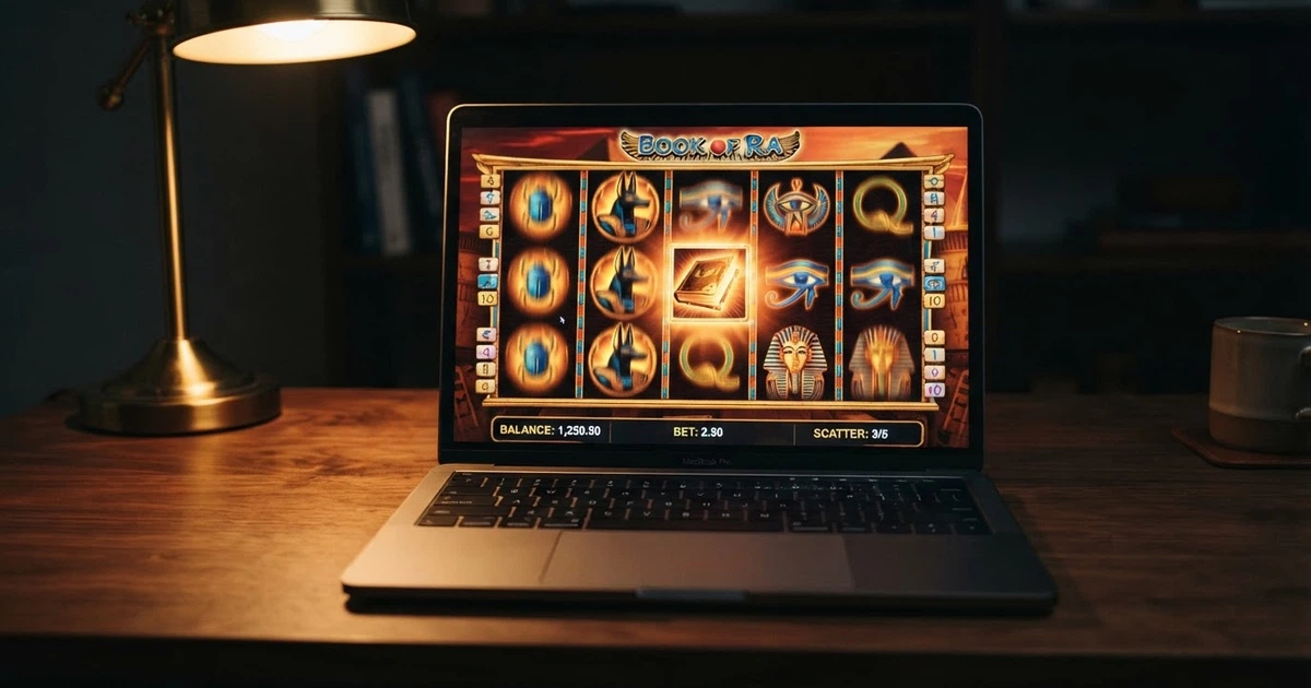 Capture d'écran d'une machine à sous Novomatic (Book of Ra Deluxe) sur un écran d'ordinateur, rouleaux visibles et interface de jeu