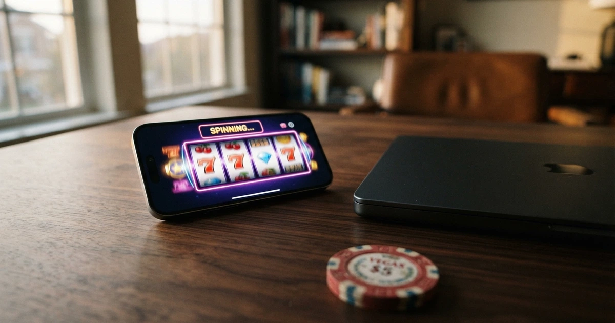 Un smartphone affichant l'interface d'un casino en ligne, posé sur une table à côté d'un écran d'ordinateur éteint