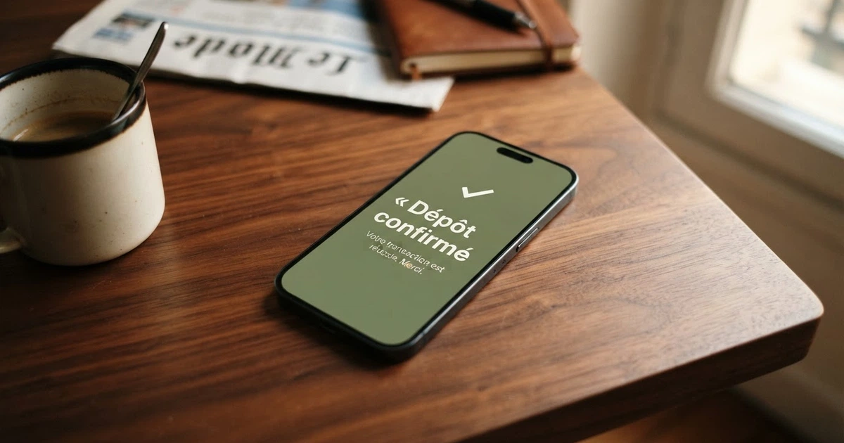 Un téléphone mobile affichant un écran de confirmation de dépôt par SMS, avec le logo d'un casino en ligne en arrière-plan