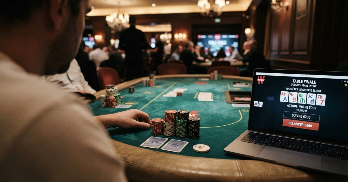Table de poker de casino en ligne avec jetons, cartes et écran affichant une main de Texas Hold'em