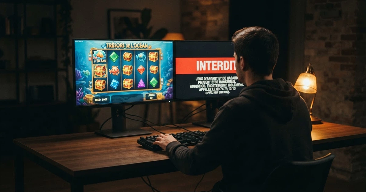 Un écran partagé : à gauche, l'interface colorée d'un casino en ligne avec machines à sous ; à droite, le logo officiel de l'ANJ barrant l'écran d'un bandeau rouge « interdit »