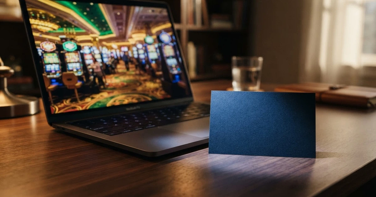 Une carte American Express posée sur un écran affichant la page d'accueil d'un casino en ligne avec des icônes de machines à sous en arrière-plan