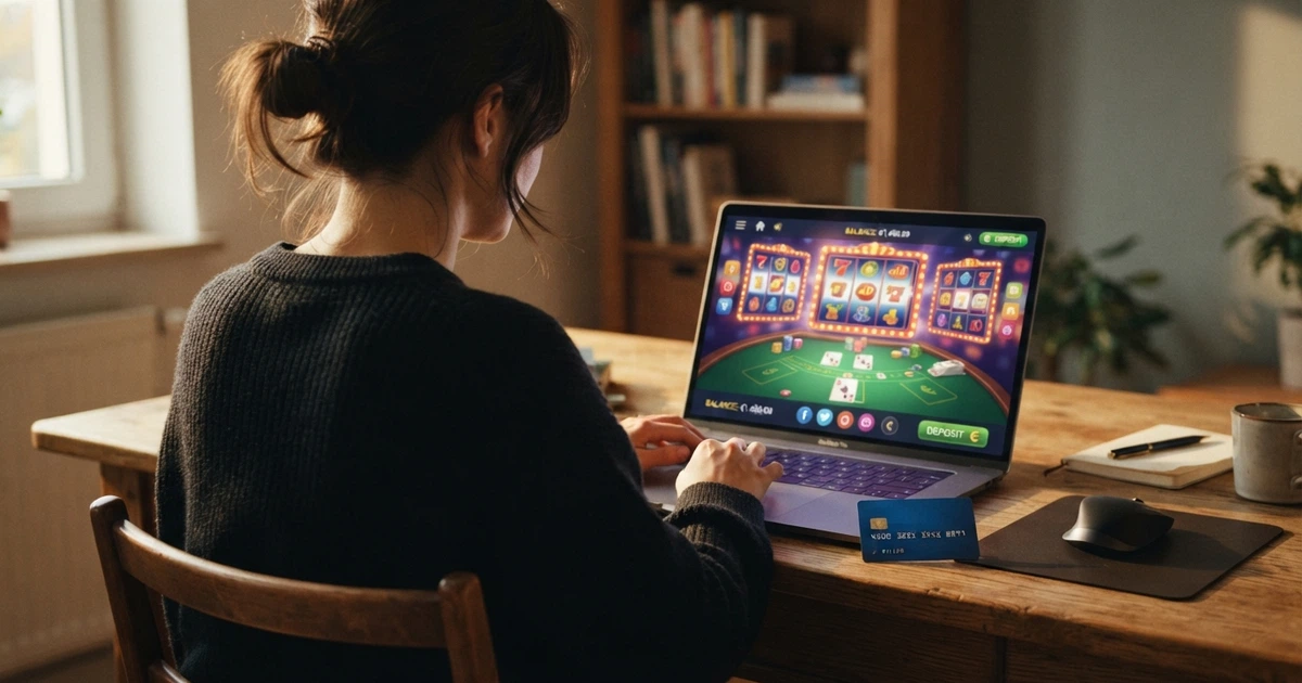 Joueur consultant une plateforme de casino en ligne avec une carte bancaire Visa ou Mastercard posée à côté du clavier