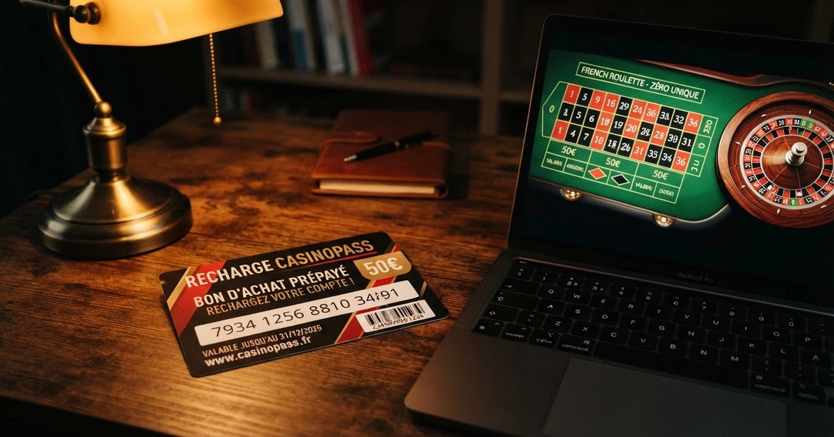 Un voucher Cashlib posé à côté d'un écran affichant un casino en ligne, avec un code PIN à 16 chiffres visible sur le bon