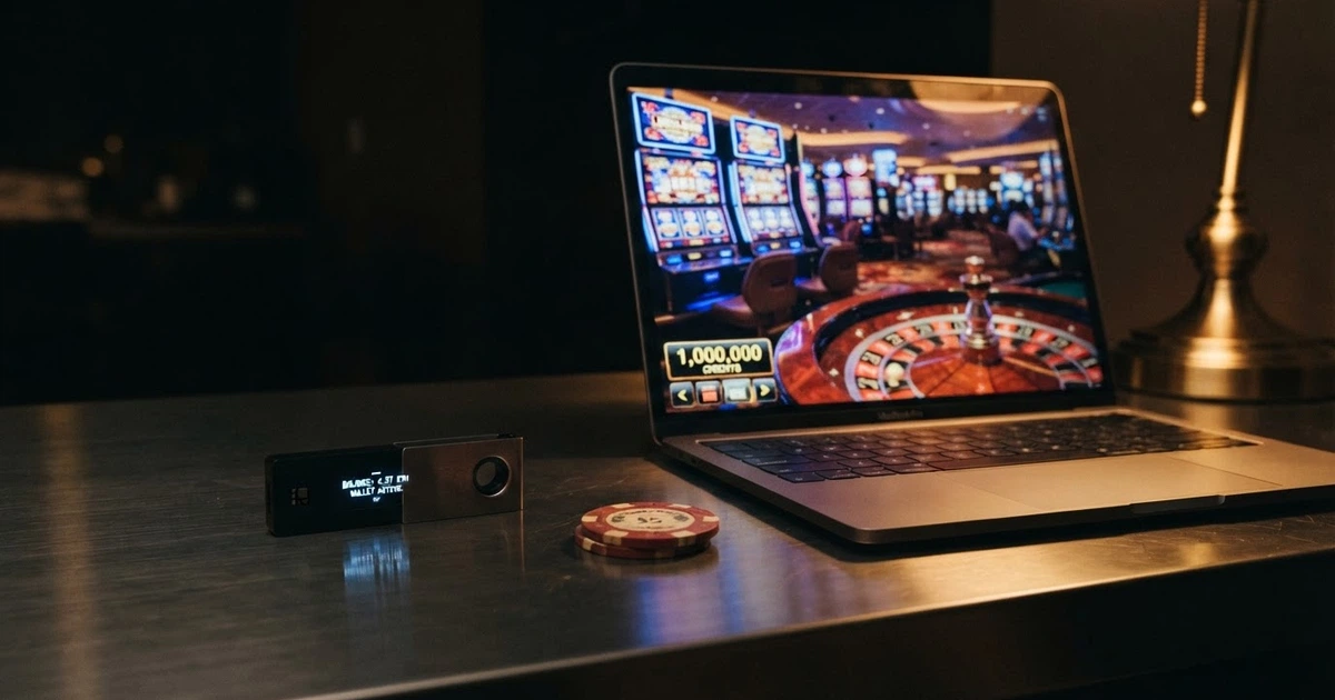 Un portefeuille de cryptomonnaie affichant un solde en Dogecoin à côté de l'écran d'accueil d'un casino en ligne, sur fond sombre