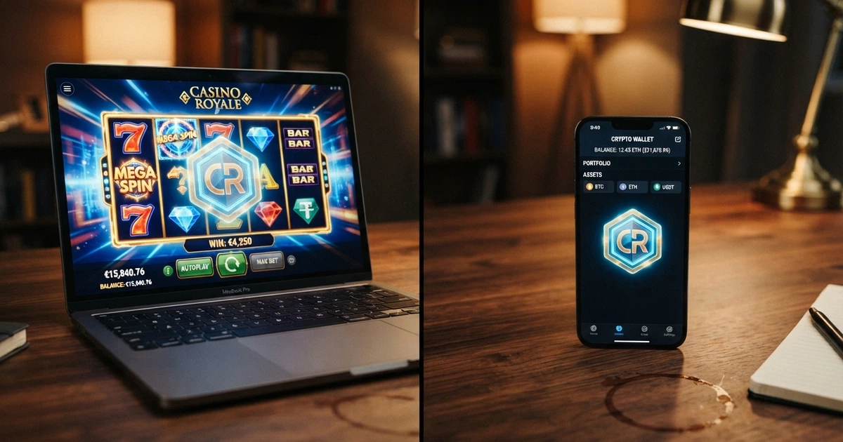Écran partagé entre une interface de casino en ligne affichant des machines à sous colorées et un portefeuille Ethereum ouvert sur un smartphone, une pièce ETH en surimpression faisant le pont entre les deux univers