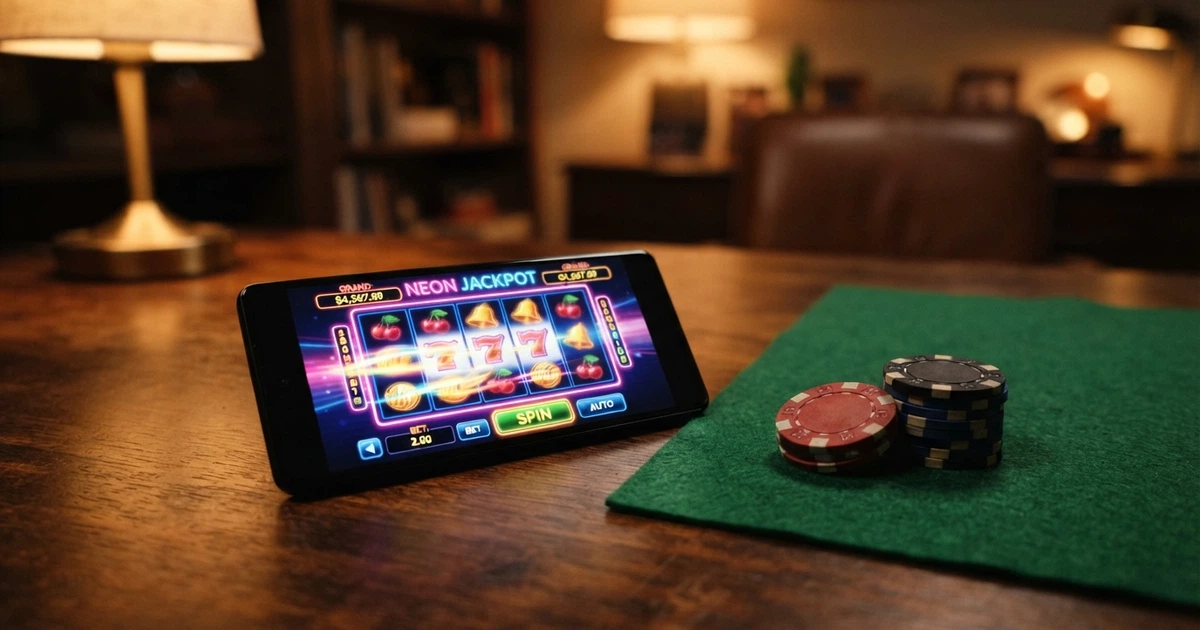 Smartphone affichant une machine à sous en ligne à côté de jetons de casino sur un bureau
