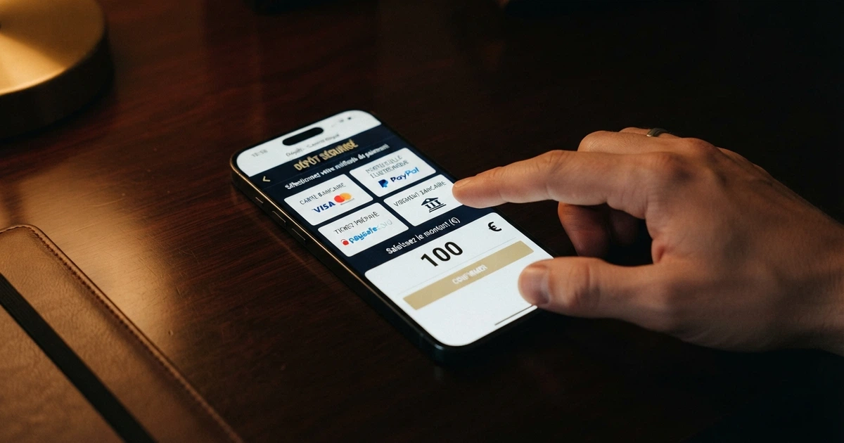 Interface de dépôt d'un casino en ligne affichant le logo Jeton Cash et le portefeuille Jeton parmi les options de paiement disponibles