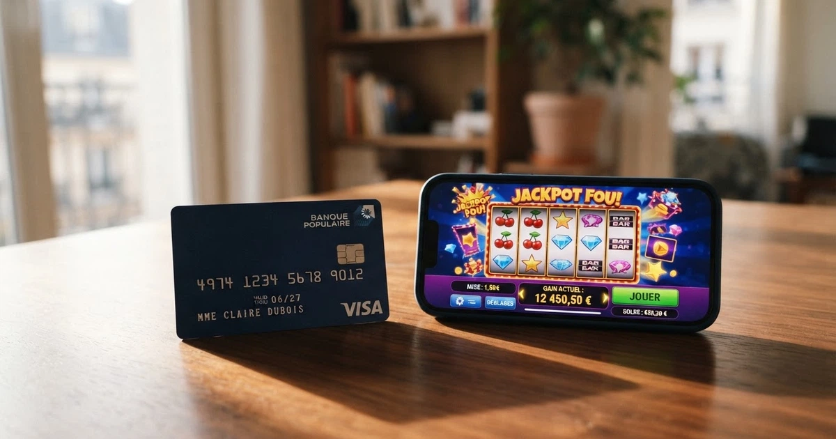 Une carte bancaire N26 posée à côté d'un écran de smartphone affichant une interface de casino en ligne