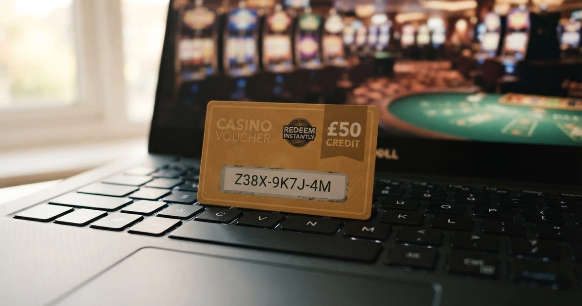 Un ticket Neosurf physique posé sur un clavier, avec un code PIN visible et un écran de casino en ligne affiché en arrière-plan