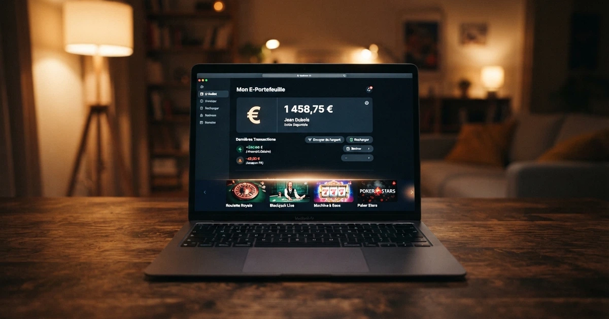 Interface d'un portefeuille électronique Neteller affiché sur un écran d'ordinateur, avec des icônes de casino visibles en arrière-plan