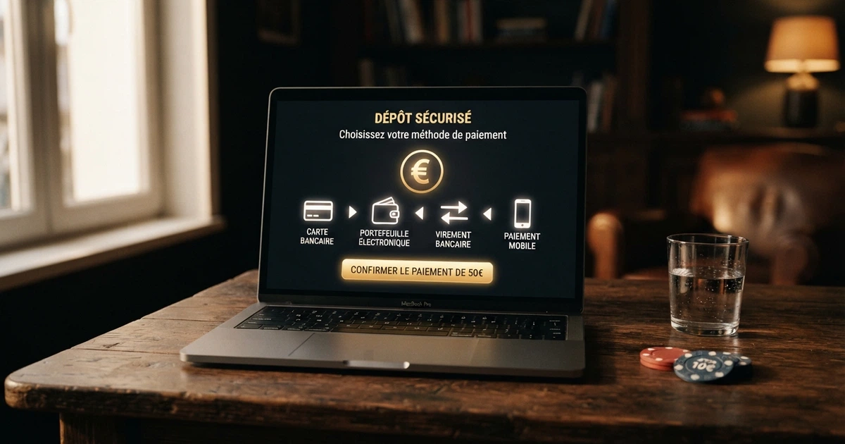Écran d'ordinateur affichant une interface de casino en ligne avec les logos de méthodes de paiement (Visa, Mastercard, PayPal, Skrill, virement bancaire) et un compteur de retrait