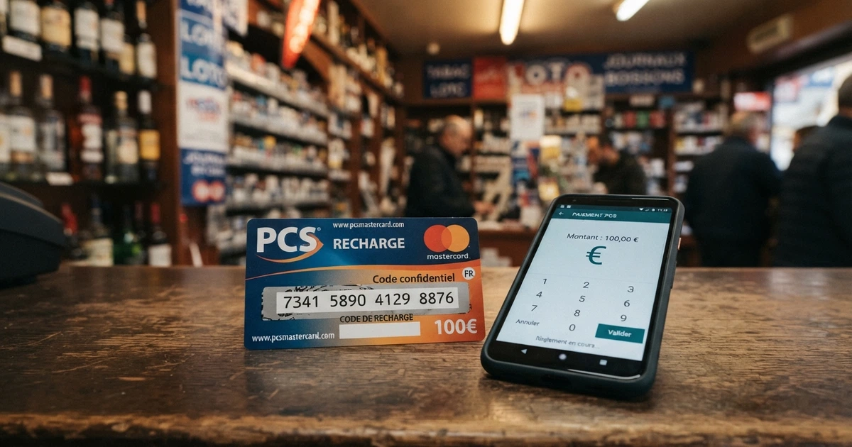 Une carte prépayée Paysafecard posée à côté d'un écran de smartphone affichant la page de caisse d'un casino en ligne