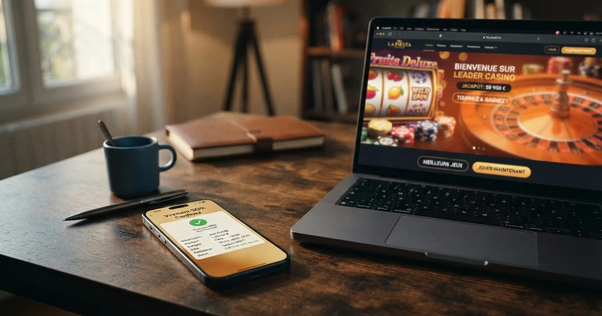 Écran partagé entre l'interface bancaire d'un virement SEPA sur un téléphone et la page d'accueil d'un casino en ligne, avec le logo SEPA visible