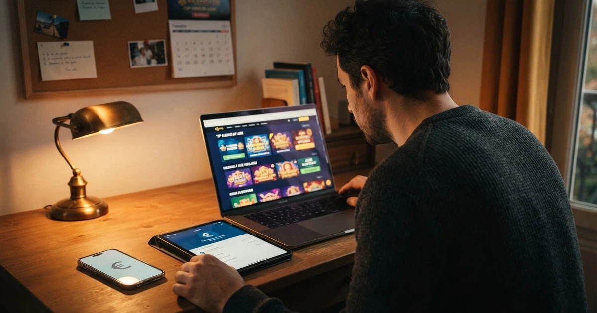 Un joueur français consultant une liste de casinos en ligne sur son écran d'ordinateur, le logo Skrill visible sur un portefeuille électronique ouvert à côté d'un smartphone posé sur le bureau