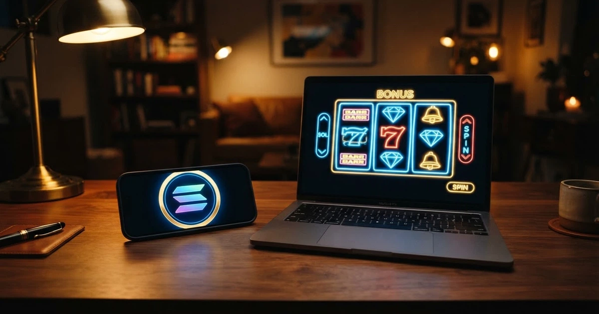 Un portefeuille Phantom affichant un solde en SOL à côté d'une interface de casino en ligne avec des machines à sous colorées