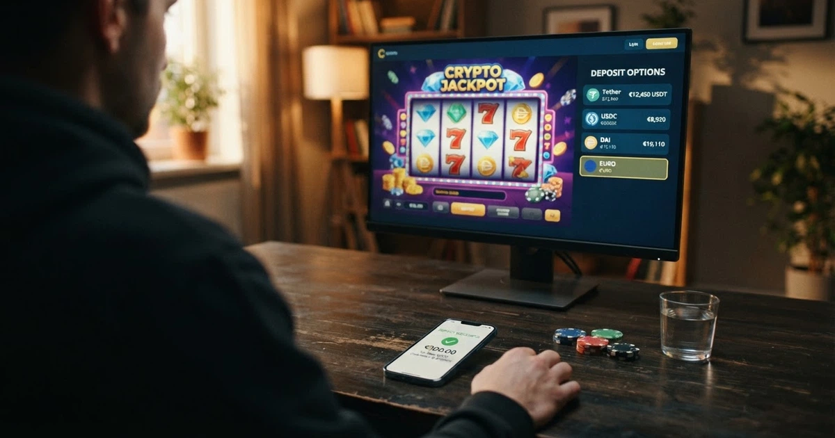 Un casino en ligne affiché sur un écran d'ordinateur avec le logo Tether (USDT) visible parmi les options de paiement, une main tenant un téléphone avec un portefeuille crypto ouvert