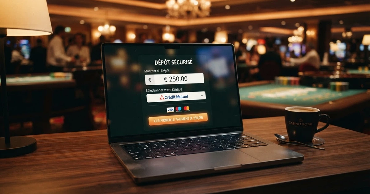 Interface de paiement Trustly affichée sur l'écran d'un casino en ligne, avec le logo Trustly, un sélecteur de banque et un champ de montant en euros