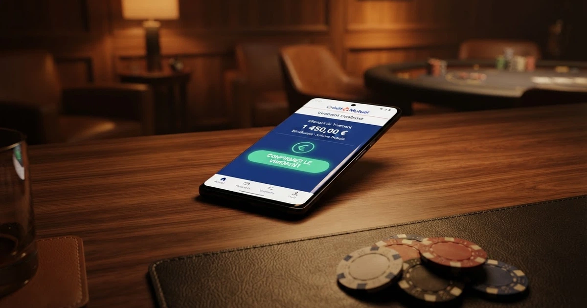Un écran de banque en ligne affichant une interface de virement SEPA instantané, avec un montant saisi et le bouton de confirmation, sur fond d'ambiance de jeu tamisée.