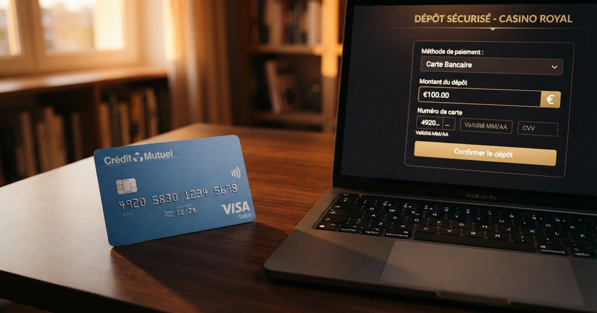 Une carte bancaire Visa posée à côté de l'écran d'un casino en ligne affichant une interface de dépôt